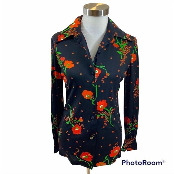 Ladies Vintage Leslie J Poppy Print Button Down - Picture 1 of 15